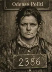 Sort-hvid billede af kvinde med mugshot-nummer 2386 foran Odense Politi.