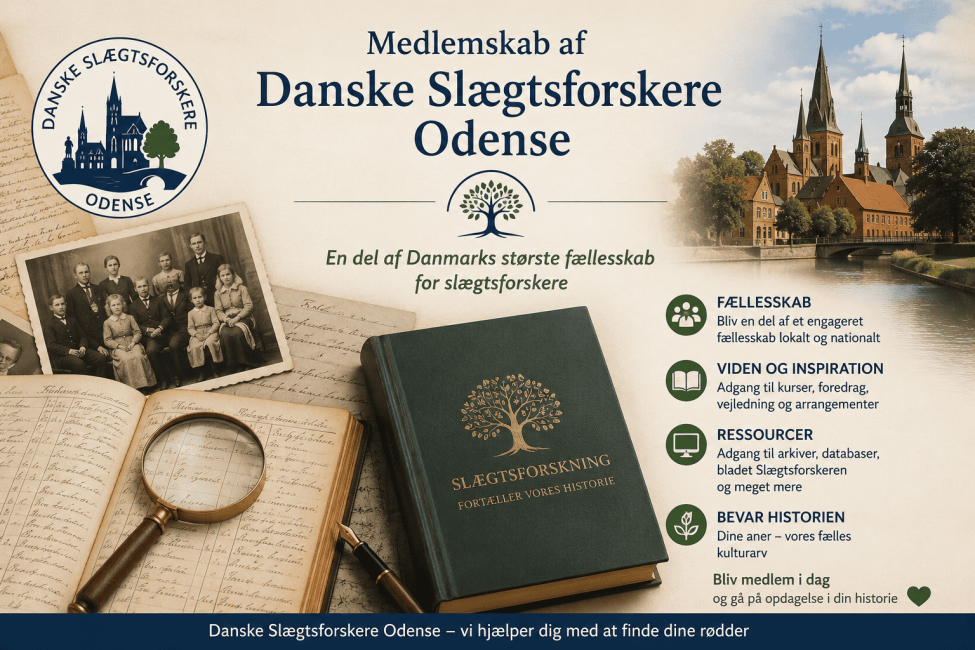Medlemskab af Danske Slægtsforskere Odense med historiske billeder og bog.