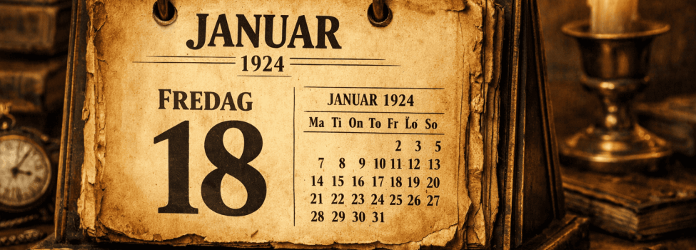 Antikt kalenderblad for januar 1924 med fokus på slægtsforskning.